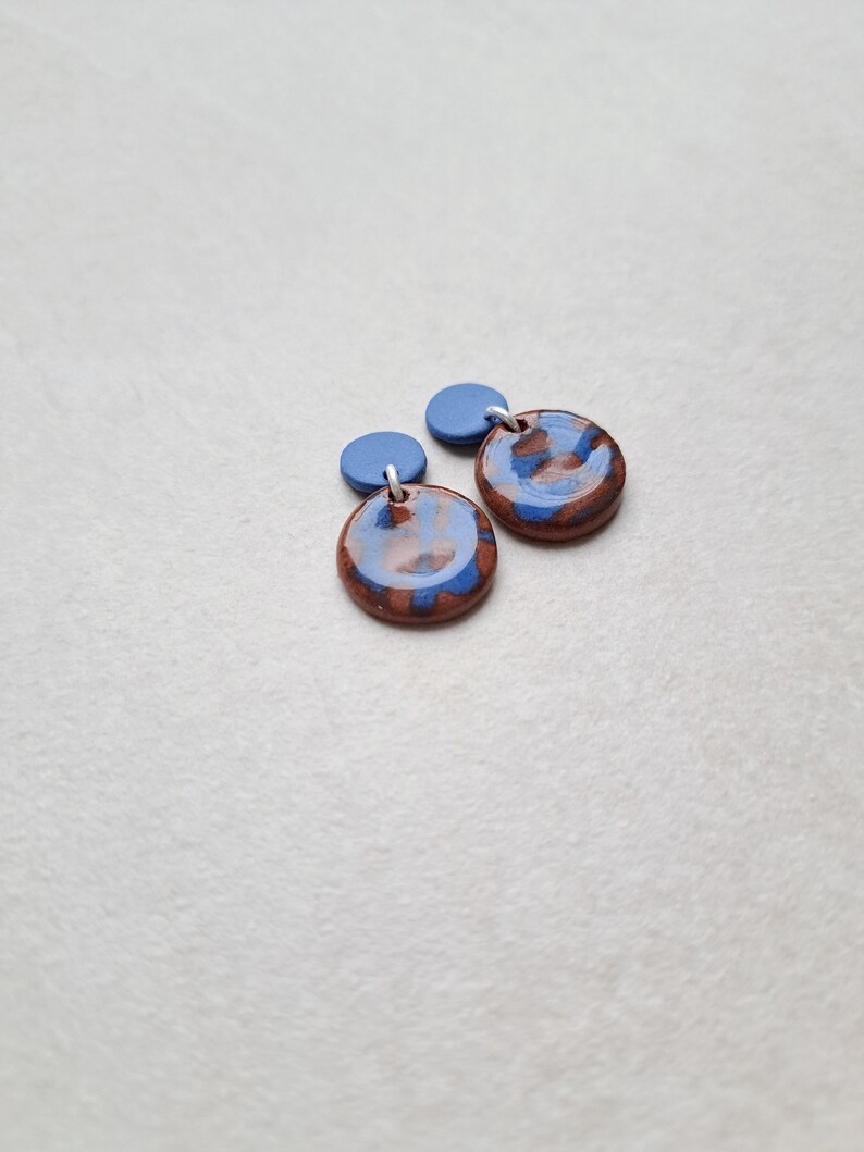 Cobalt blue and chocolate brown hand painted porcelain geometric dangle earrings, geometric earrings, blue earrings, brown earrings image 2