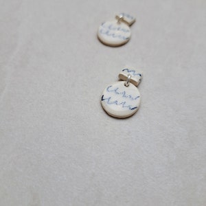 Doodle Pattern, scribble pattern, white porcelain geometric dangle earrings, geometric earrings, blue pencil drawing on porcelain image 9