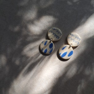 white and blue porcelain geometric summer dangle earrings, geometric earrings, statement jewelry image 5