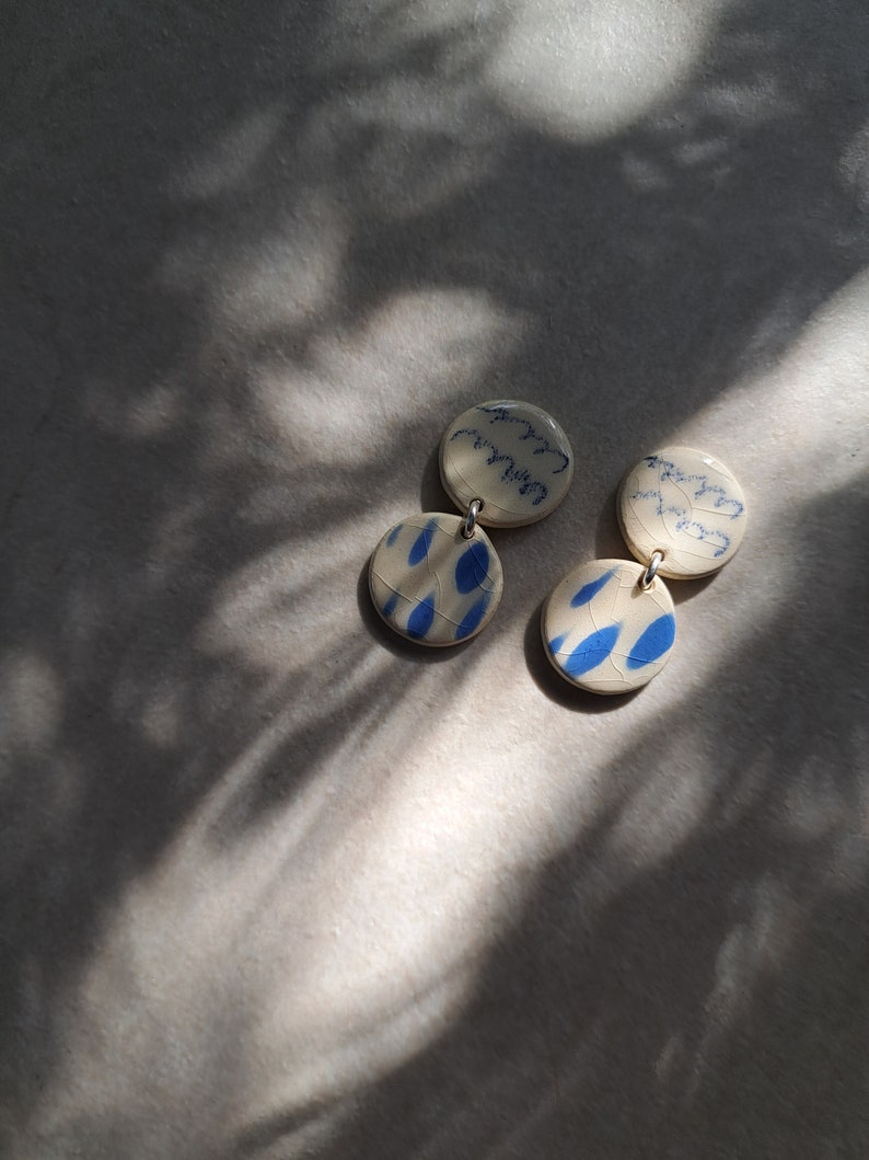 white and blue porcelain geometric summer dangle earrings, geometric earrings, statement jewelry image 5