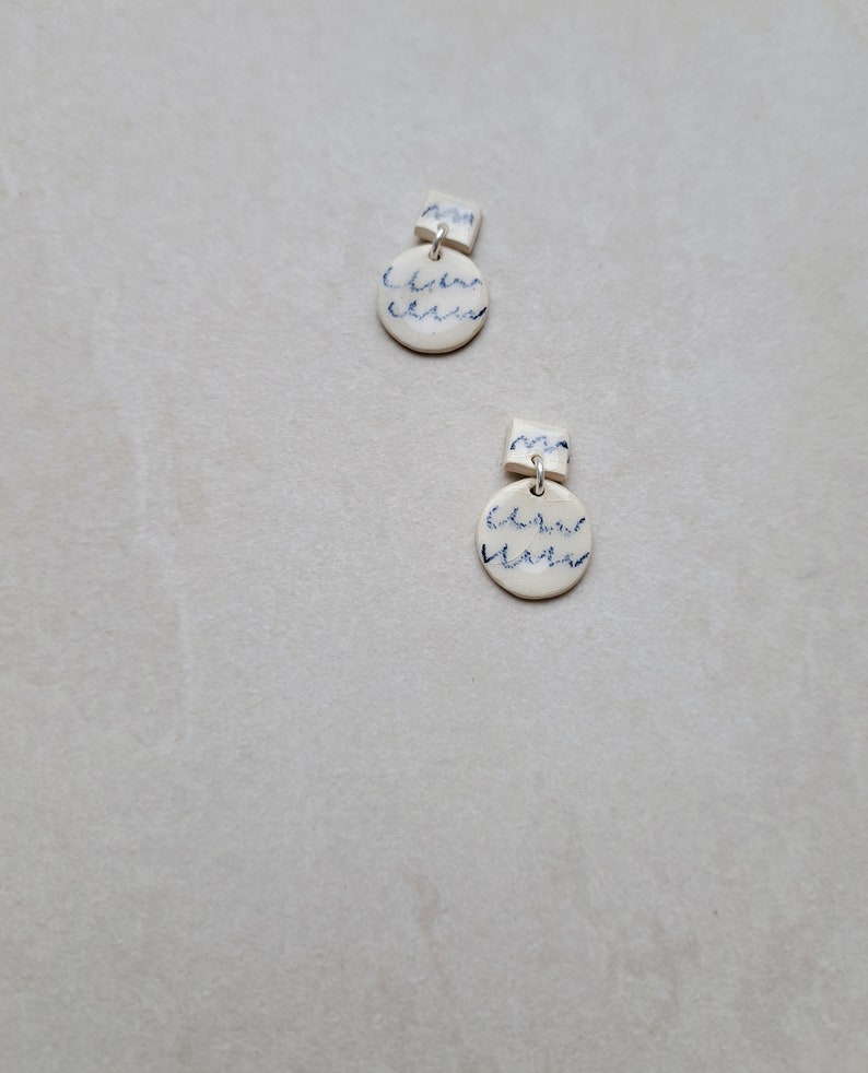 Doodle Pattern, scribble pattern, white porcelain geometric dangle earrings, geometric earrings, blue pencil drawing on porcelain image 8