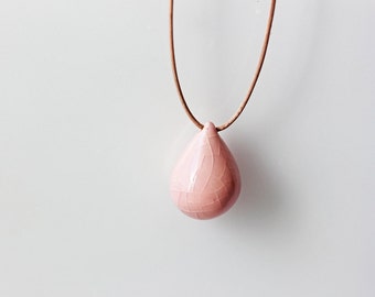 Handmade ceramic tear drop necklace, pink