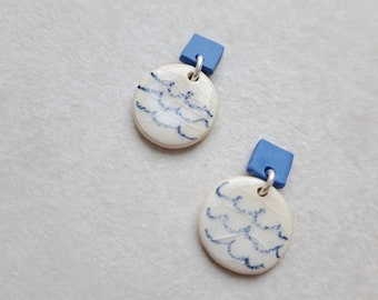 Doodle Pattern, scribble pattern, white porcelain geometric dangle earrings, geometric earrings, blue pencil drawing on porcelain