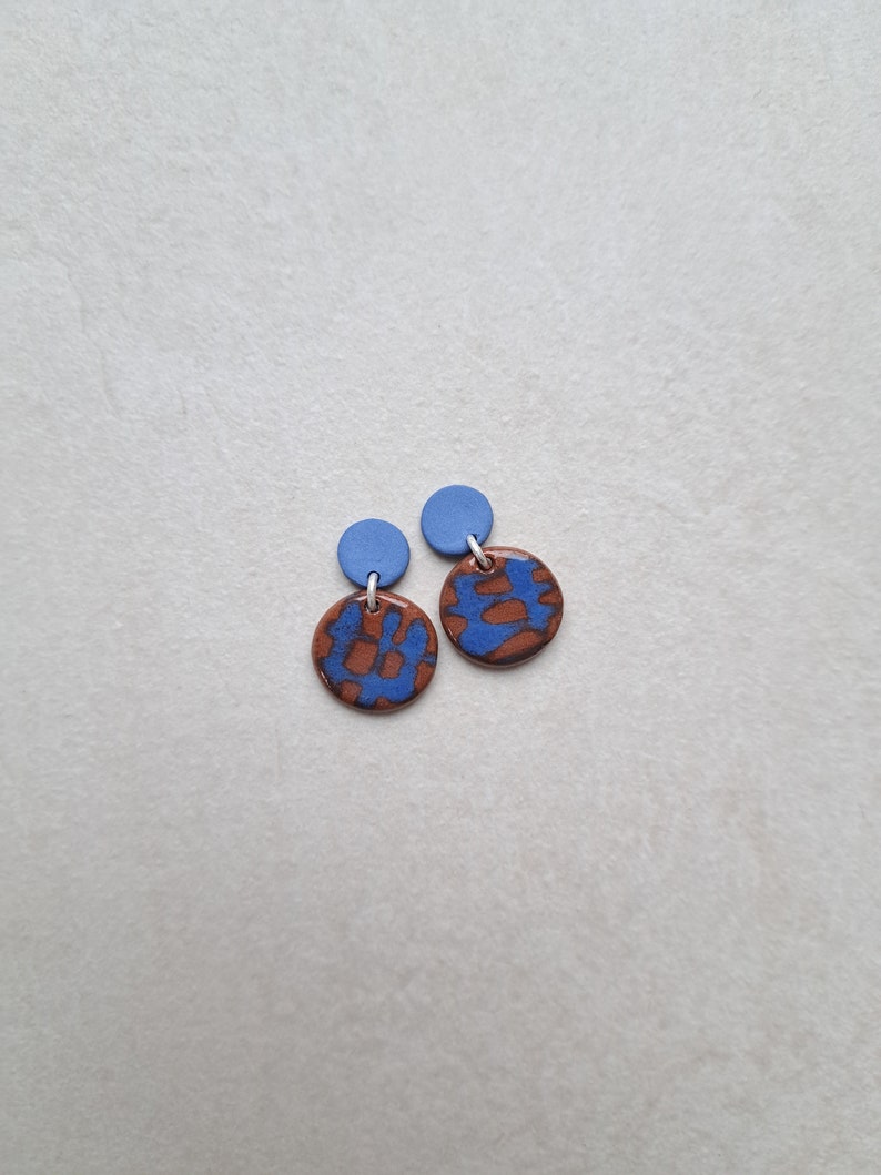 Cobalt blue and chocolate brown hand painted porcelain geometric dangle earrings, geometric earrings, blue earrings, brown earrings image 5