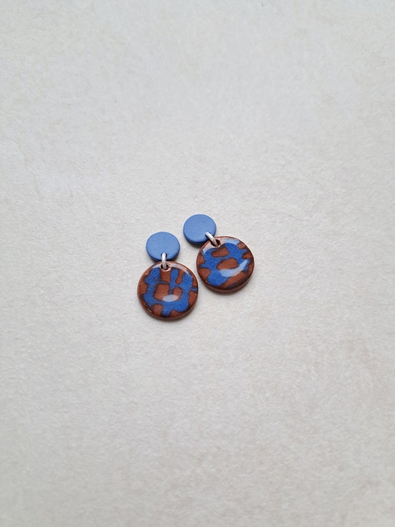 Cobalt blue and chocolate brown hand painted porcelain geometric dangle earrings, geometric earrings, blue earrings, brown earrings image 1