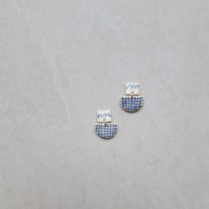 Checkered Pattern, gridded pattern, white porcelain geometric dangle earrings with handmade blue underglaze pencil drawing image 7