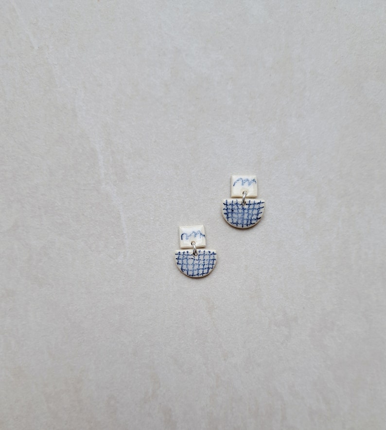 Checkered Pattern, gridded pattern, white porcelain geometric dangle earrings with handmade blue underglaze pencil drawing image 7