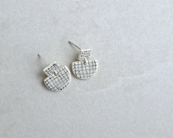 Checkered Pattern, gridded pattern, white porcelain geometric dangle earrings, geometric earrings, underglaze pencil drawing on porcelain