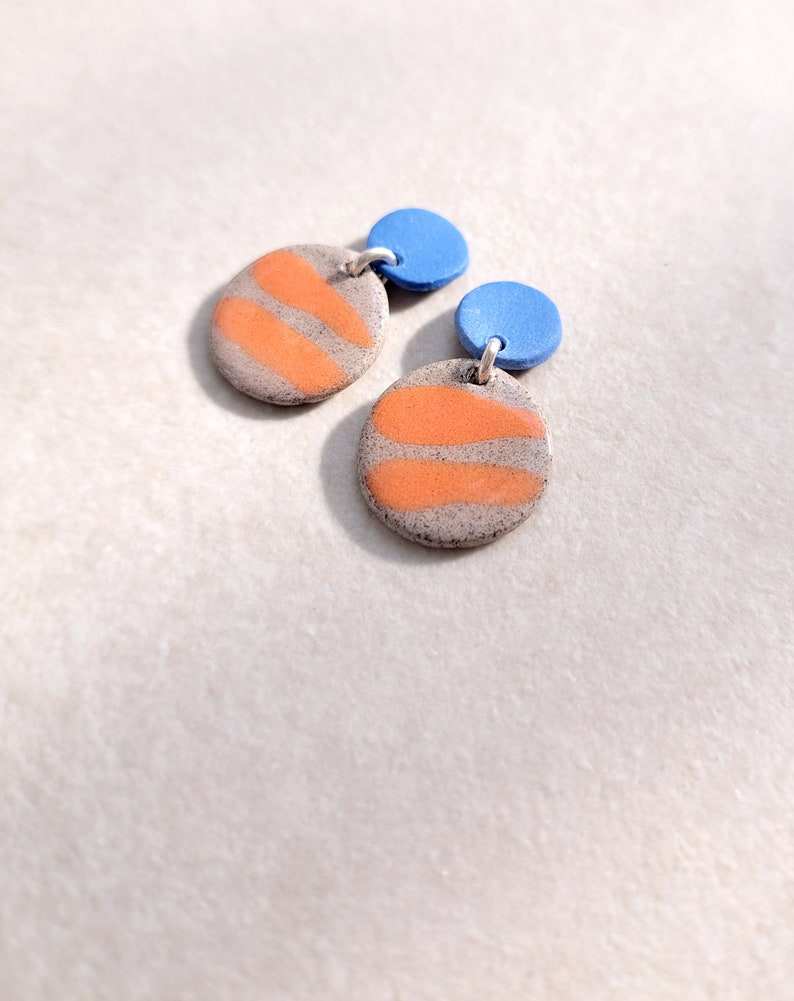 Cobalt blue and orange porcelain geometric summer dangle earrings, geometric earrings, orange earrings, statement jewelry image 3