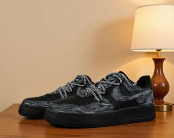 Hand-Painted Custom AF1 Low Sneakers, Black Grey Marble Rope Lace Streetwear Shoes, Handmade Unique Sneakers