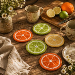 May include: A set of five circular crochet coasters designed to resemble citrus fruit slices. The coasters feature vibrant orange, lime green, and lemon yellow yarn colors with white detailing to represent the segments and rind of the fruit.