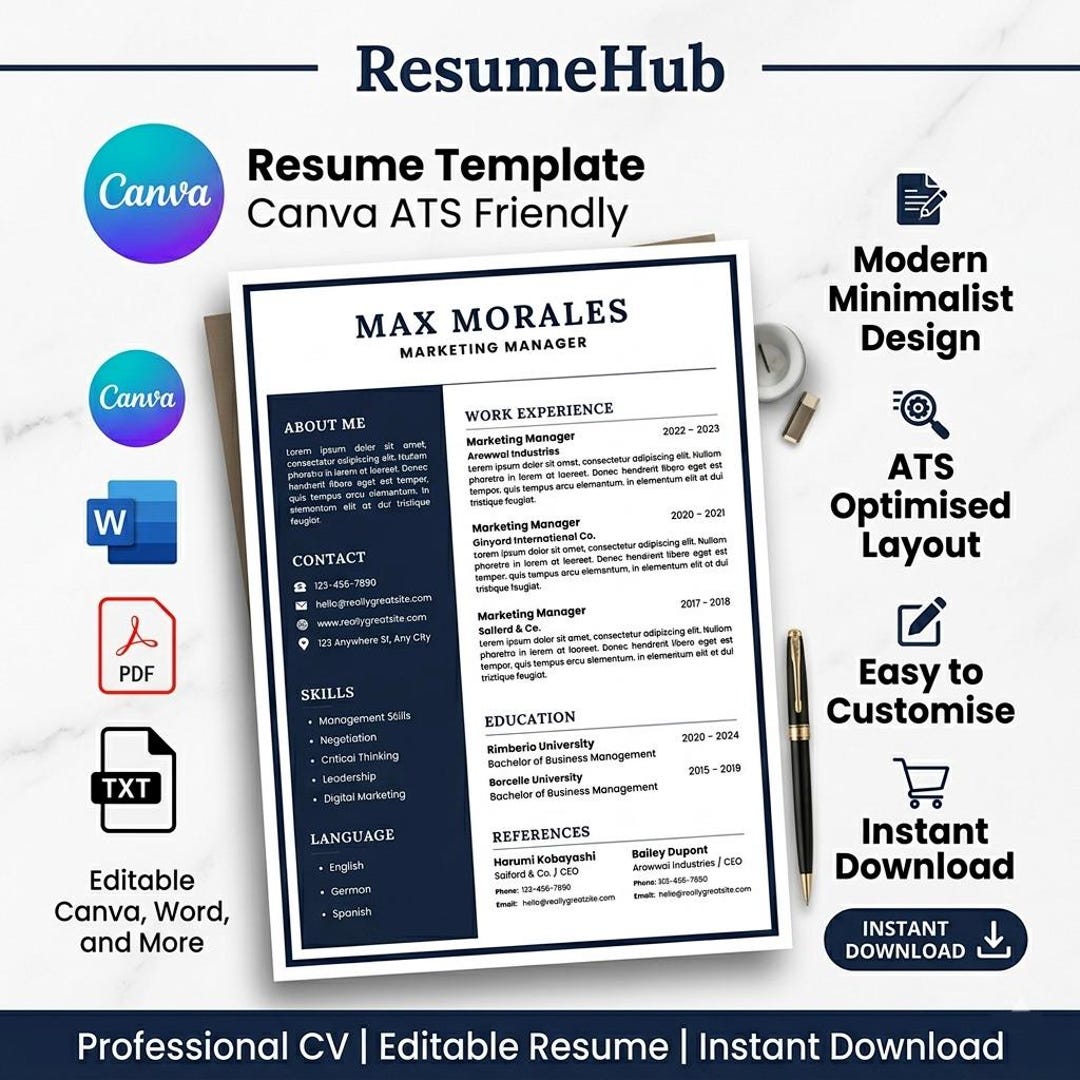 Resume Template Canva ATS Friendly | Professional CV | Editable Resume ...