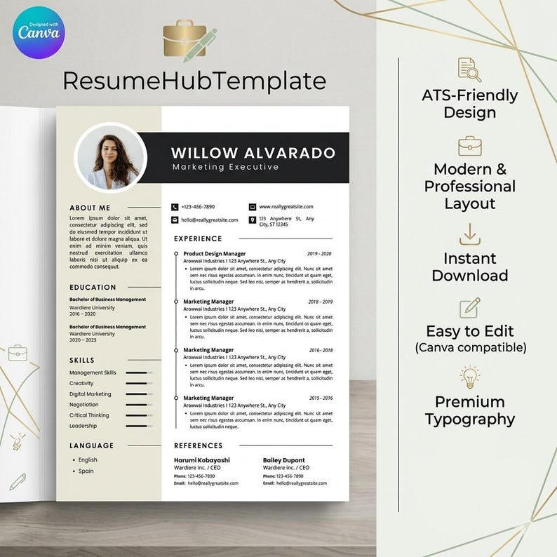Modern Resume Template Canva | ATS Friendly Minimalist Resume ...