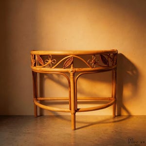 Puede incluir: Una consola de ratán marrón claro en forma de media luna. La mesa presenta un diseño decorativo de flores y hojas a lo largo del borde superior. La mesa tiene una base curva y cuatro patas. La mesa está hecha de ratán tejido.