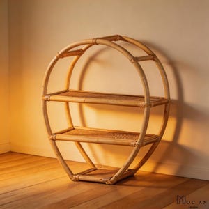 May include: A circular rattan shelf unit in a natural tone, featuring three woven shelves. The design is round with a flat base, ideal for displaying decorative items. The light brown rattan shelf is set against a neutral wall, adding a touch of natural decor.
