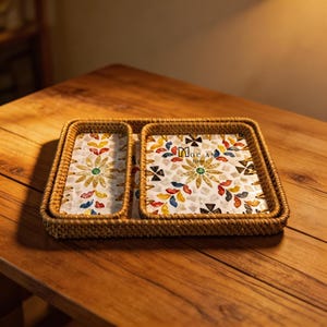 May include: A rectangular woven tray with two compartments. The interior features a floral mosaic design with colorful leaf-shaped accents. The tray is made of natural-colored rattan and sits on a wooden surface. The tray has the text "Moc An Home".