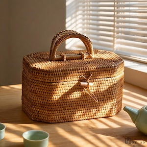 Puede incluir: Cesta rectangular de ratán tejido, con asa y tapa, en color marrón claro. La cesta presenta un diseño tejido y un cierre de madera. Se encuentra sobre una mesa de madera. Sus dimensiones son de unos 25 cm.
