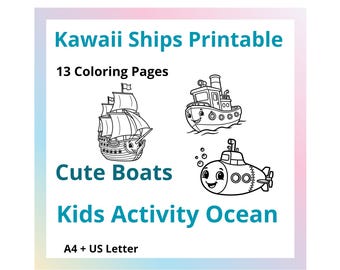 Schiffe Boote Kawaii Malvorlagen für Kinder: Ozean Aktivität Printable (A4/US Letter)