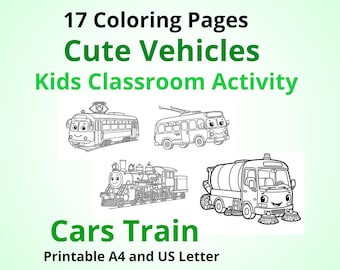 Fahrzeuge Ausmalbilder für Kinder Klassenzimmer Aktivität Autos Zug Kawaii (A4/US Letter)