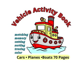 Fahrzeugaktivitätsbuch zum ausdrucken, Vorschularbeitsblätter Autos Flugzeuge Boote Kinder Lernpaket 70 Seiten