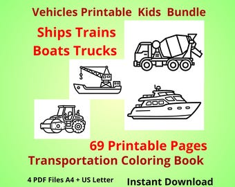 Transportmittel Malbuch Fahrzeuge Boote Lastwagen Züge Printable Kids Bundle A4 USLetter