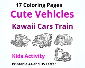 Kawaii Fahrzeuge Malseiten: Autos, Zug, Kinderaktivität (Printable)