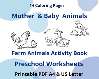Bauernhoftiere Aktivitätsbuch, Mutter & Kind, Arbeitsblätter zum Ausdrucken für Vorschule, Aktivitäten für Zuhause A4 US Letter