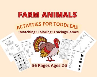 Toddler Learning Activity Pack,Farm Animals Printable Book, Preschool Worksheets Matching Game Kids Homeschool.