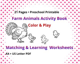 Bauernhoftiere Aktivitätsbuch druckbar, passende Arbeitsblätter Vorschule Kinder Lernspiel Homeschool