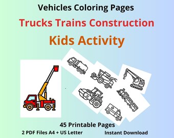Vehicles Coloring Pages Bundle Trucks Trains Construction Printable Kids Activity A4 USLetter