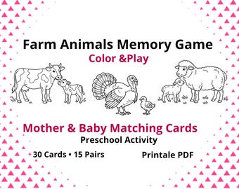 Bauernhof Tiere Memory Spiel zum Ausdrucken, Mutter Baby Passende Karten, Vorschulaktivität Kinder Homeschool