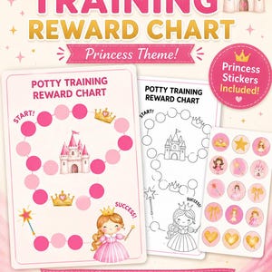 Peut inclure: Un ensemble de tableaux de récompenses pour l'apprentissage de la propreté sur le thème des princesses, incluant un tableau rose, un tableau en noir et blanc et une planche d'autocollants. Les tableaux présentent des cercles, un château.