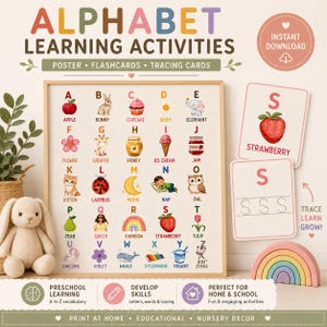 Peut inclure: Affiche d'activités d'apprentissage de l'alphabet avec des cartes et des cartes de traçage. L'affiche présente des illustrations colorées d'objets pour chaque lettre de l'alphabet, de la pomme au zèbre. Comprend un lapin en peluche et un arc-en-ciel en bois.