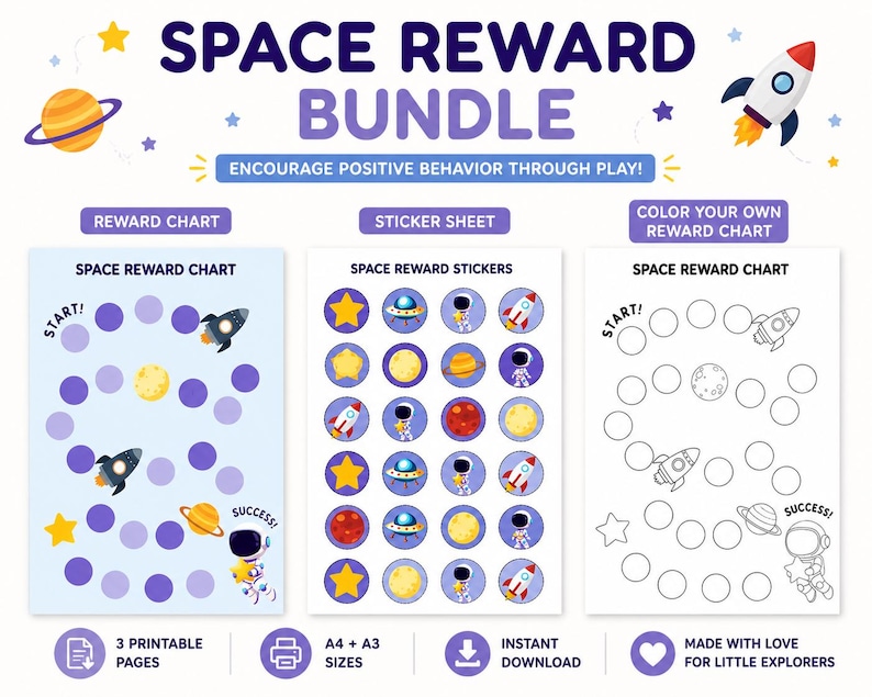 Rewards Stickers Rockets Space Reward Chart Printable Bundle, Kids Behavior Chart PDF, Space ...