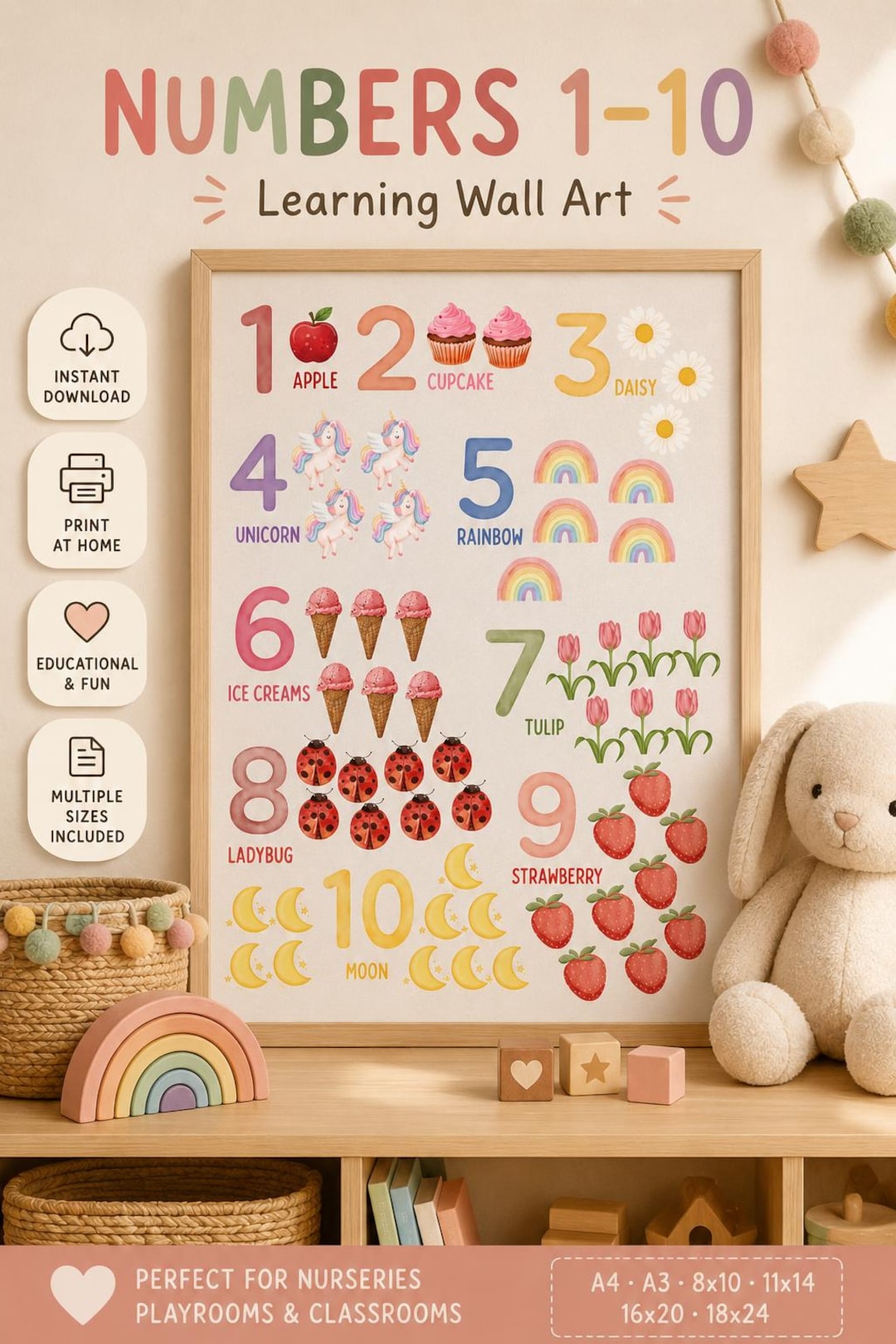 Set of 3 Printable Nursery Wall Art, Numbers Rainbow Sunshine Posters ...