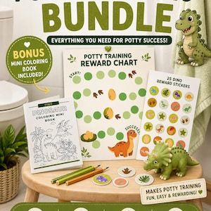 Peut inclure: Un kit d'apprentissage de la propreté sur le thème des dinosaures comprenant un tableau de récompenses, une feuille de 25 autocollants, un mini livre de coloriage, des crayons verts et jaunes, des jetons circulaires et une figurine de tricératops.