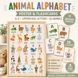 Peut inclure: Un ensemble éducatif d'affiches et de cartes flash sur l'alphabet des animaux. L'affiche présente les lettres majuscules A-Z avec des illustrations d'animaux. Comprend 26 cartes flash. Idéal pour l'apprentissage, la décoration de chambre d'enfant et l'école à la maison.