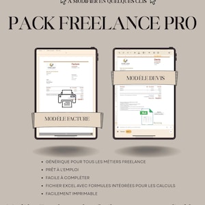 Peut inclure: Image promotionnelle pour un pack freelance. Deux tablettes affichent des modèles de facture et de devis. Le texte comprend "PACK FREELANCE PRO", "MODEL FACTURE", "MODEL DEVIS" et des puces décrivant les fonctionnalités.