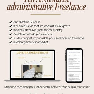 Peut inclure: Publicité pour un produit numérique avec un ordinateur portable et un smartphone. L'écran de l'ordinateur affiche une couverture de livre intitulée "DEVENIR INDEPENDANT". L'image comprend le texte "Kit Assistante administrative Freelance" et une liste de fonctionnalités.