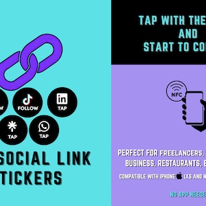 Könnte beinhalten: NFC Social Link Sticker mit lila Kettengrafik und Social-Media-Symbolen. Der Text lautet "Tap with the phone and start to connect." Kompatibel mit iPhone (XS und neuer) und Android. Keine App erforderlich.