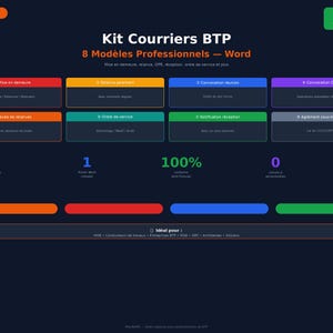 Può includere: Grafica blu scuro con il testo "Kit Courriers BTP" e "8 Modèles Professionnels - Word". Include diversi rettangoli colorati con testo e i numeri 8, 1, 100% e 0. Il testo "SPECIAL BTP" è in un riquadro arancione.