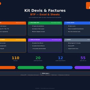 Peut inclure: Visuel bleu foncé présentant "Kit Devis & Factures BTP - Excel & Sheets". Il affiche des sections avec des titres tels que "DEVIS BTP", "FACTURE BTP", et "SUIVI DEVIS", ainsi que des données numériques.