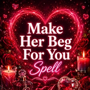 Könnte beinhalten: Romantisches Bild mit dem Text "Make Her Beg For You Spell". Das Bild zeigt eine herzförmige Schatulle, einen Parfümflakon, Kerzen und Rosen, alles in Rottönen. Die Wörter "Photo Proof", "Completed Within 24 Hours" und "Discreet & Private" sind ebenfalls sichtbar.