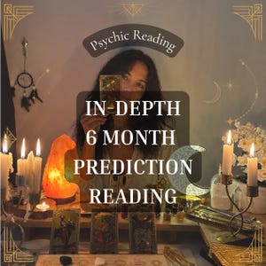 May include: A psychic reading service listing featuring text that reads Psychic Reading and IN-DEPTH 6 MONTH PREDICTION READING. The scene includes lit candles, a glowing orange salt lamp, tarot cards, and a dreamcatcher in a dimly lit setting.