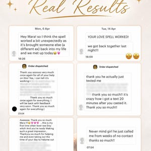 May include: A digital graphic titled REAL REVIEWS Real Results featuring six white rectangular text boxes containing customer testimonials about love spells. The messages include phrases like YOUR LOVE SPELL WORKED and thank you so much.