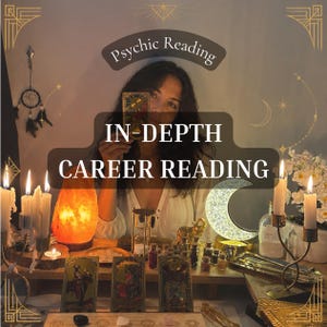 May include: A psychic reading service advertisement featuring the text Psychic Reading and IN-DEPTH CAREER READING. The scene includes tarot cards, a glowing orange salt lamp, a crescent moon light, lit candles, and small glass jars on a table.