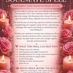 May include: A rectangular informational card with a dark red and pink gradient background featuring the text Call In Your SOULMATE SPELL. The design includes pink roses and lit candles in the corners, with detailed text about love rituals.