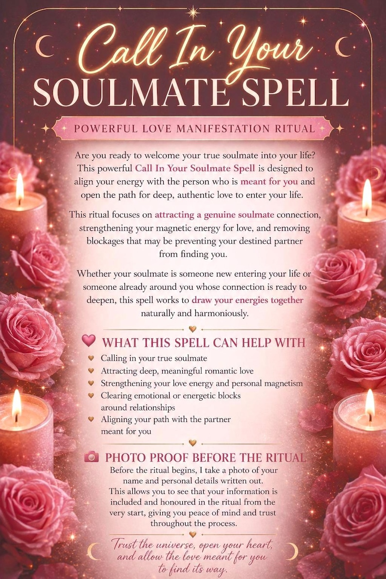 May include: A rectangular informational card with a dark red and pink gradient background featuring the text Call In Your SOULMATE SPELL. The design includes pink roses and lit candles in the corners, with detailed text about love rituals.