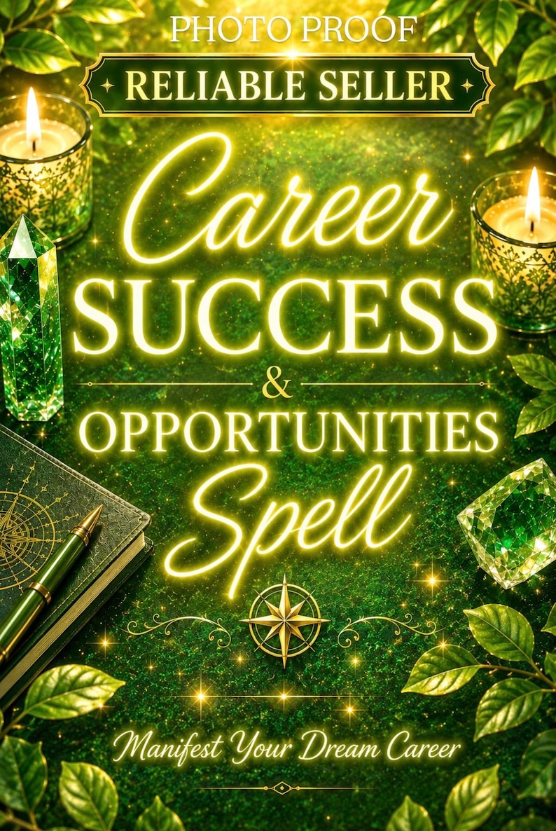 May include: A green and gold image with the words "Career Success & Opportunities Spell". The image includes candles, crystals, a book, and the text "Manifest Your Dream Career".