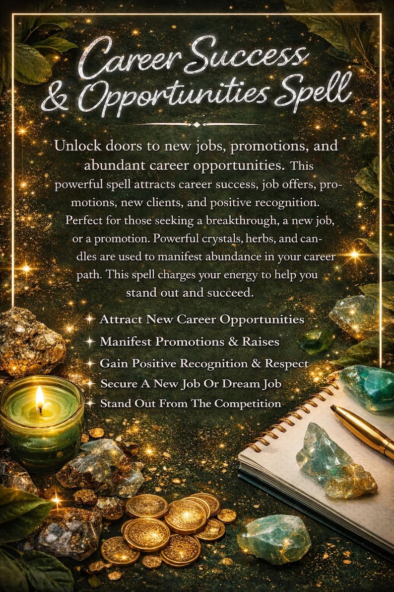 May include: An image with the text "Career Success & Opportunities Spell". The image features a lit candle, crystals, coins, and a notebook with a pen. The text promises to attract career success, job offers, and promotions.